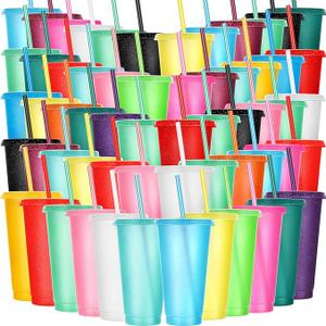 Honeydak 60 Pack Tumbler with Straw and Lid Bulk Cups for Gifts Glitter Plastic Coffee Cups 24-27 oz Reusable Water Bottle Iced Coffee Travel Mug Party Favors for Birthdays Travel (Transparent)