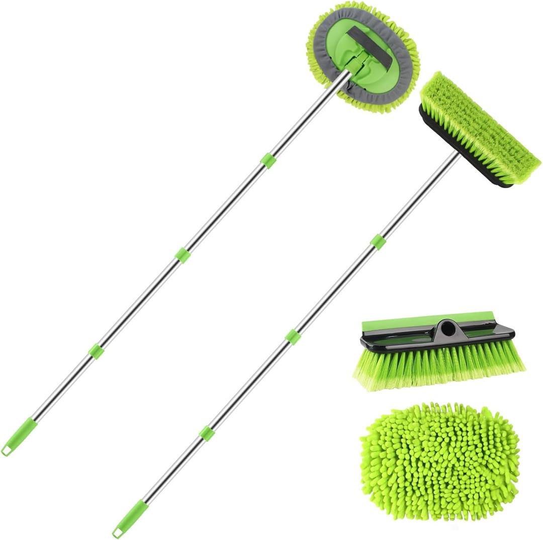 2 Pack Car Wash Brush with Long Handle, 62" Microfiber Car Wash Mop and Car Washing Brush Combo Set, Scratch-Free Soft Bristle Car Wash Mop Brushes Cleaning Kit for Exterior Car, Truck, RV, Boat
