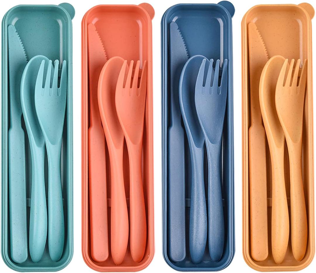 Reusable Wheat Straw Cutlery with Case, Portable Dark Utensils Set for Adults, Tableware Camping Cutlery Set for 4 People, Travel Utensils Set for Kitchens, Dishwasher Safe (Small)