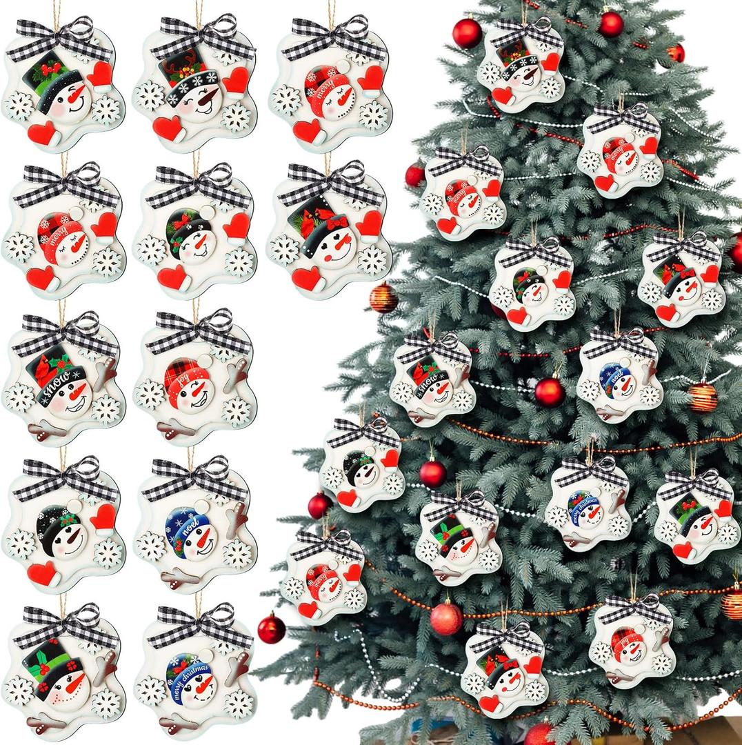 Soulchen 12 Pcs Christmas Snowman Ornaments for Tree Rustic Wooden Xmas Snowman Tree Ornaments Merry Christmas Joy Novel Snowflake Xmas Hanging Decorations for Winter Holiday Craft Party Supplies