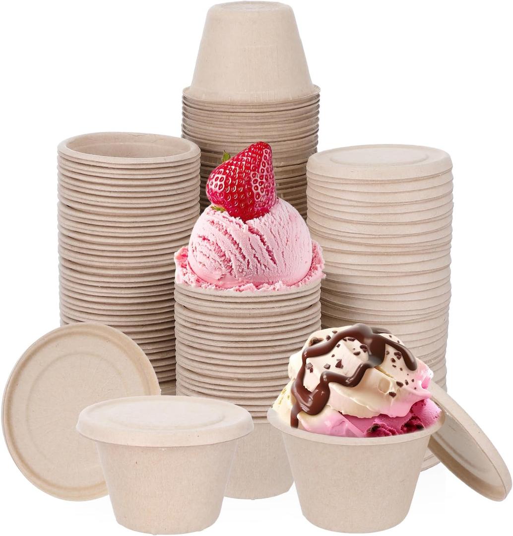 100 Pack 4 Oz Disposable Ice Cream Cups with Lids, Compostable Cups with Lids, Eco-Friendly Paper Bowls for Desserts, Takeout & Parties (3 x 1.77in)