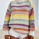 Womens Contrast Striped Pullover Sweaters Crewneck Long Sleeve Loose Colorblock Knit Jumper Casual Oversized Fall Tops Yellow (S)