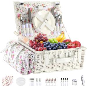 Picnic Basket Set for 4 with Waterproof Blanket Mat Insulation Bag Wicker Pink White Floral Classic Fresh Gift for Christmas Thanksgiving Wedding Birthday Camp Outdoor Beach Travel