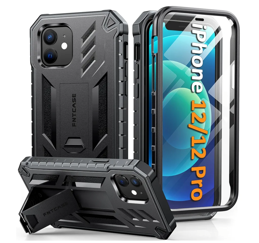 FNTCASE for iPhone 12 Phone Case: for iPhone 12 Pro Phone Case Military Grade Drop Proof Rugged Protective Cover with Kickstand | Matte Textured Shockproof TPU Hybrid Bumper Cases 6.1 inch - Black