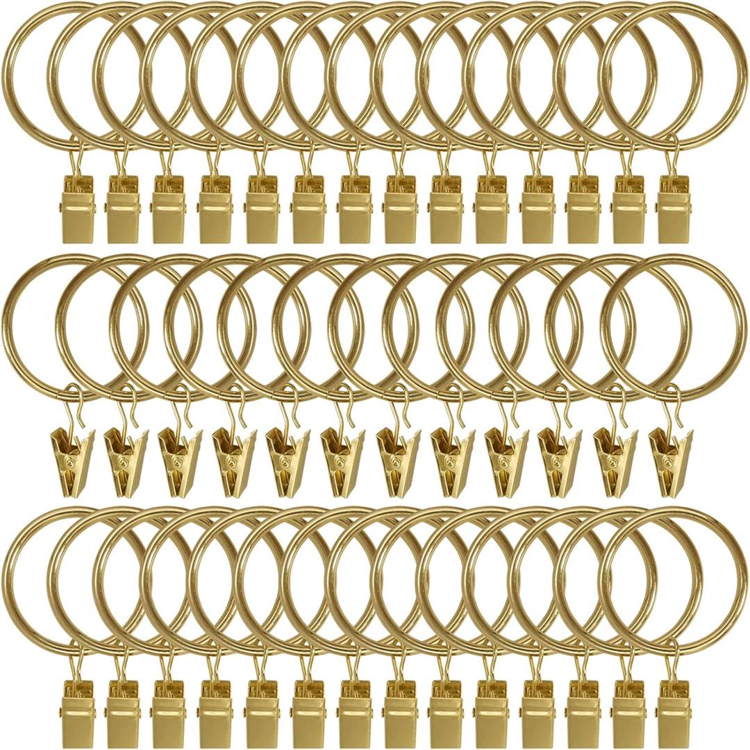 40 Pack Metal Curtain Rings with Clips, Drapery Clips Hooks, Decorative Curtain Rod Clips 1.5 in Interior Diameter, Gold