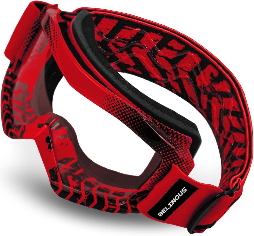 BELINOUS Kid Riding Goggles for ATV Dirt Bike Motorcycle Motorcross MX, Youth Dirt Bike Goggles for Kids 3-12 with Soft Strap (Red)