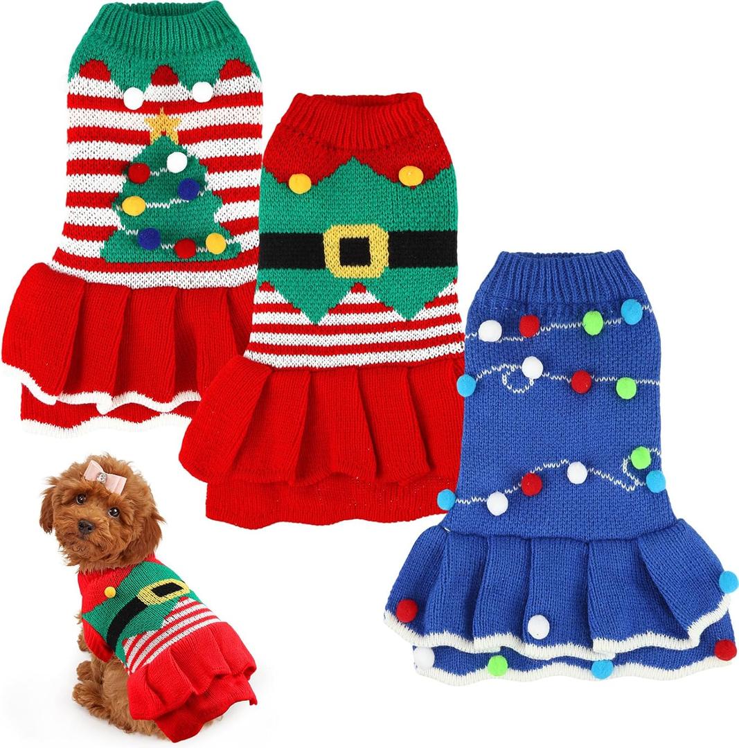 3 Pcs Christmas Dog Sweater Dresses Xmas Costumes for Small Dogs Winter Warm Puppy Cloth Xmas Holiday Sweaters Christmas Dress Outfit for Dachshund Chihuahua Maltese Puppy Girls(M)