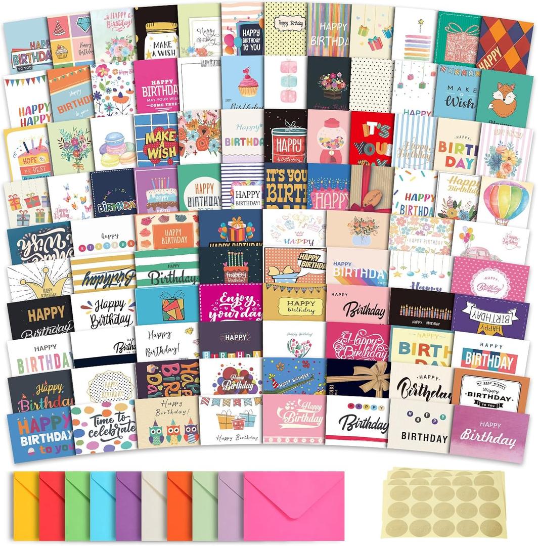 100 Unique Birthday Cards with Envelopes - Assorted Happy Birthday Cards, 4 x 6 inches, Envelopes & Stickers in Bulk Boxed Set
