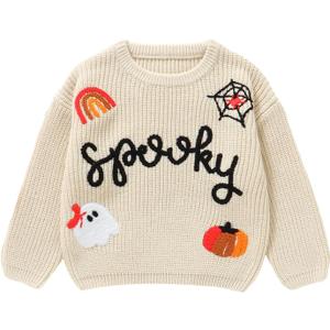Halloween Toddler Girl Sweater Spooky Hand Embroidered Sweater Fall Ghost Pumpkin Outfit 1-5Y (4-5T, Beige)