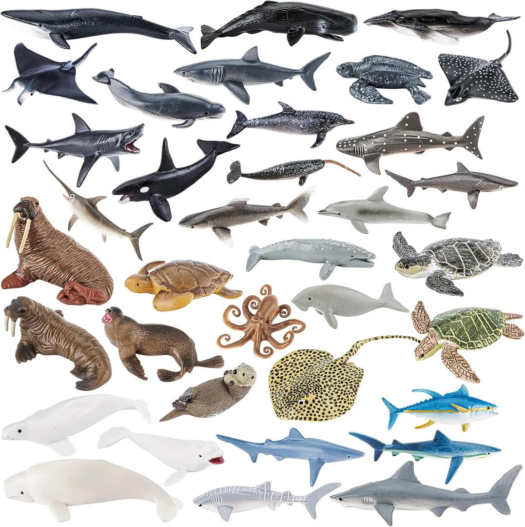 36PCS Sea Animal Toys with Shark, Whale, Octopus & Other Ocean Animal FigurinesToys for Kids, Ocean Theme Cake Toppers Party Favors Birthday Gift for Boys Girls