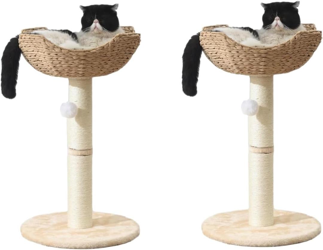 SHENGOCASE 2-Pack Small Cat Tree Tower with Wicker Rattan Basket, 17.7 inch Window Perch for Large Cats up to 25 lbs, Elevated Bed with Cushion