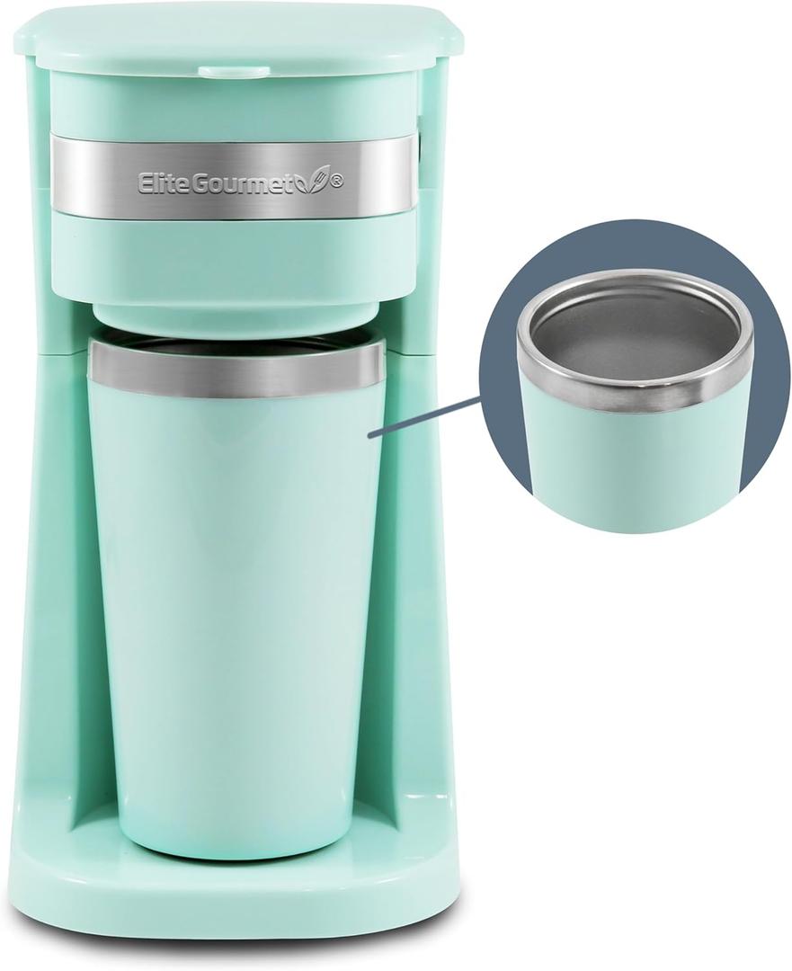 Elite Gourmet EHC113M Personal Single-Serve Compact Coffee Maker Brewer Includes 14Oz. Stainless Steel Interior Thermal Travel Mug, Compatible with Coffee Grounds, Reusable Filter, Mint