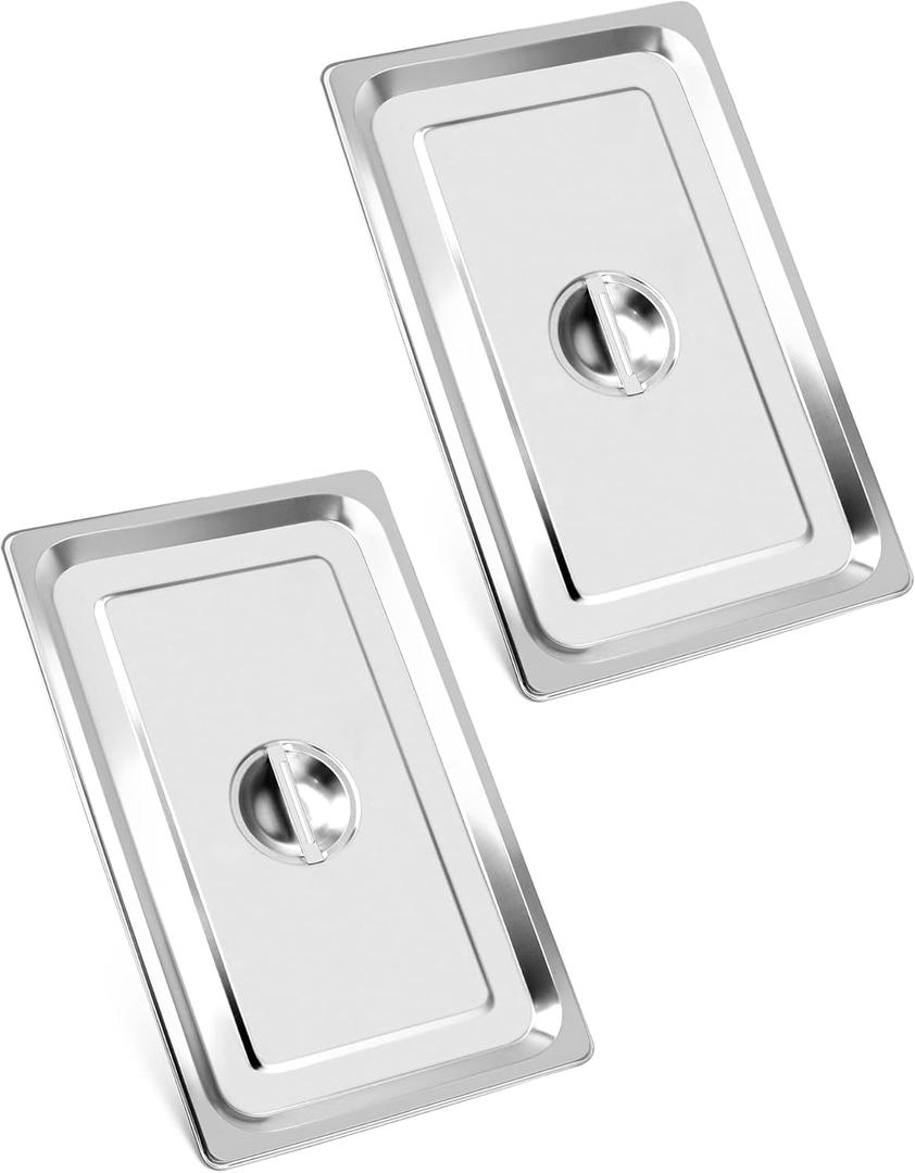 QWORK Full Size Stainless Steel Steam Table Pan Cover with Handle - Set of 2, Durable Lid for Steam Pans