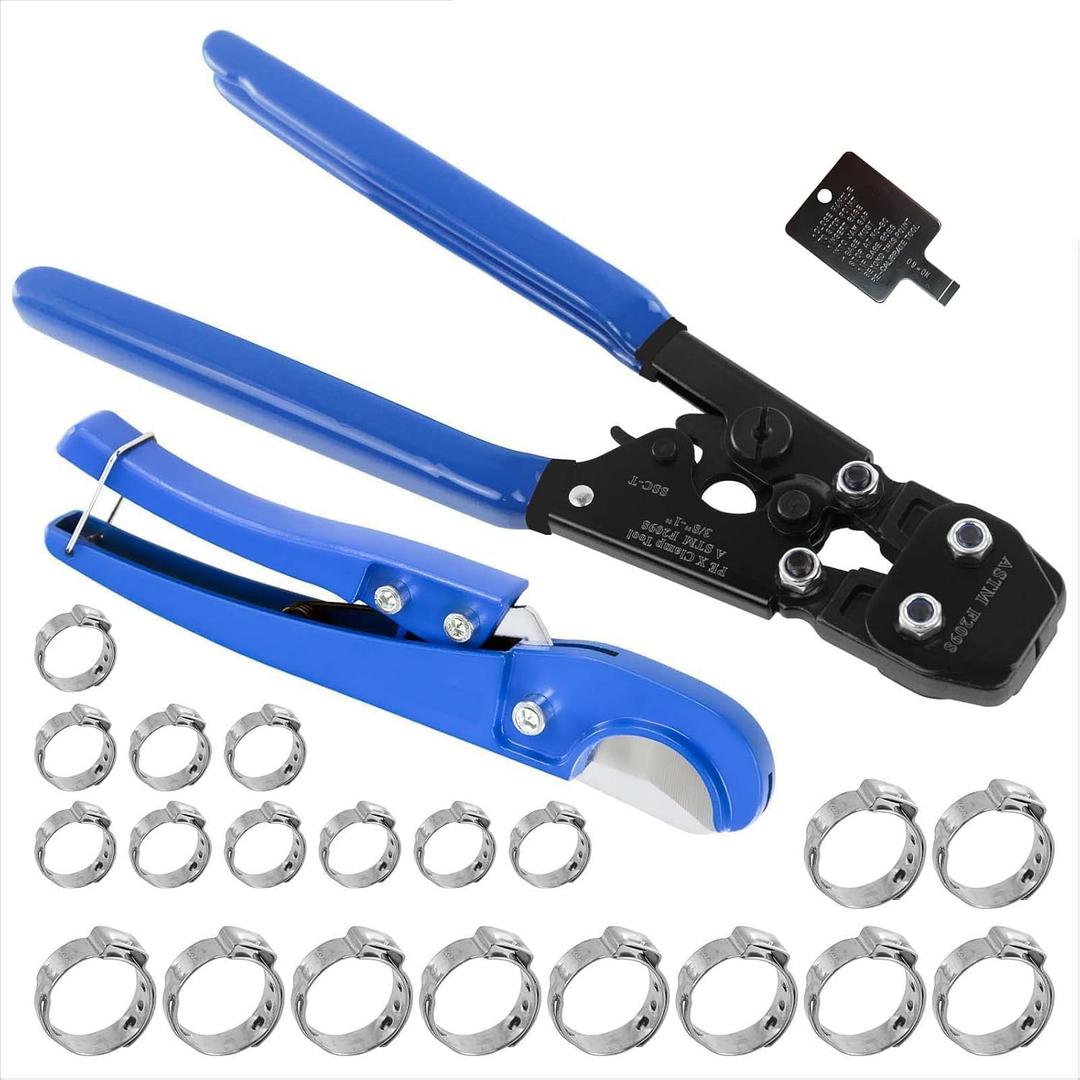 PEX Pipe Clamp Cinch Tool Crimping Tool Crimper for Stainless Steel Clamps from 3/8-inch to 1-inch with 1/2-inch 10PCS and 3/4-inch 10PCS SS PEX Clamps,with Pipe Cutter