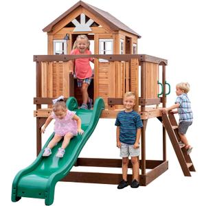 Backyard Discovery Echo Heights Elevated Cedar Wooden Kids Playhouse with Wave Slide, Play Kitchen, Wrap-Around Deck, Flat-Step Ladder, Half Door, Windows, Bell, and Growth Chart for Outdoor Play (Light Brown)