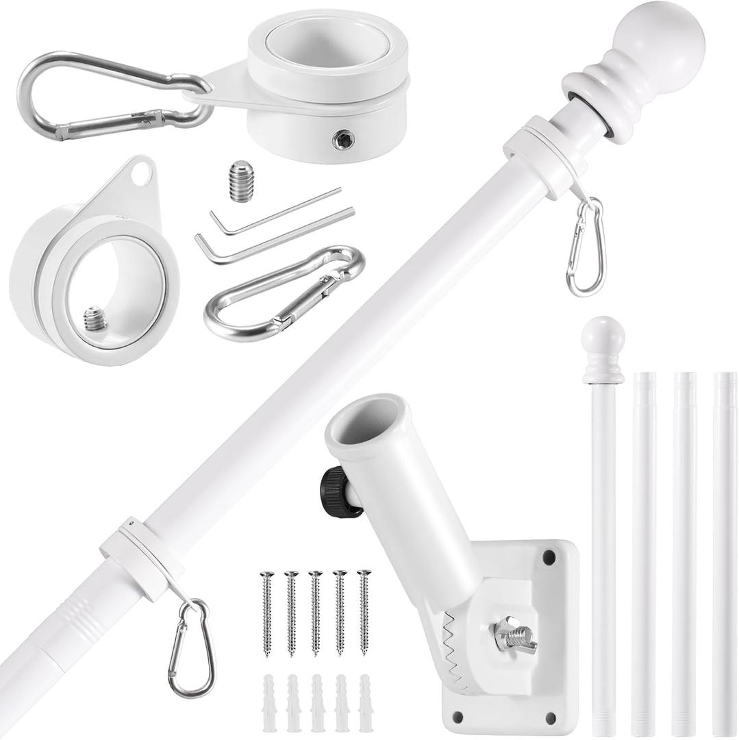 BONWIN White Flag Pole Kit for House, 5 FT Thickened Stainless Steel Porch Wall Mount Flagpole for 3x5' Flag, 1" Tangle Free Rotating Flag Pole Rings & 180 Adjustable Multi-Positions Bracket Holder