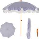 PHI VILLA 7ft Beach Umbrella with Fringe & Sand Anchor, Outdoor Patio Heavy Duty Windproof Portable Tassel Umbrellas for Sand with Push Button Tilt & Carrying Bag, UPF 50+, Stripe Blue & White
