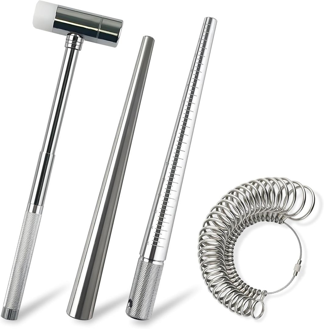 4 Piece Ring Sizer Measuring Tool,Ring Measurer and Ring Sizer Kit for Jewelry Making, Premium Ring Making Kit Including Ring Size Mandrel, Solid Metal Stick, Jewelry Mallet, Metal Ring Gauge Set