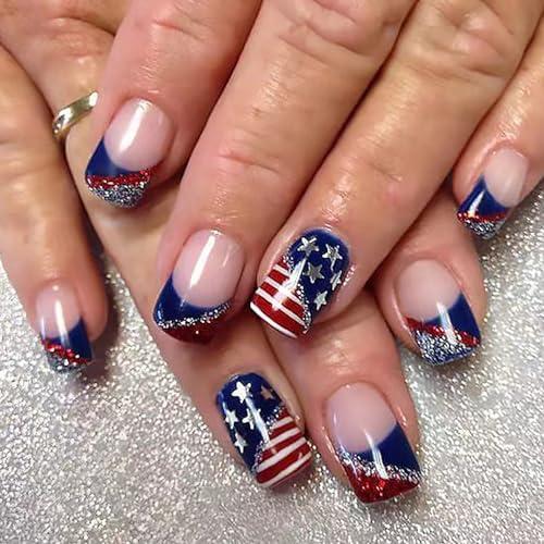 24 Pcs Independence Day Nails Short Press on Nails Square RIICFDD French Fake Nails Dark Blue False Nails with Glitter USA Flag Designs Stick on Nails for Women Girls 4th of July Nails, Set of 5 24 Pcs Independence Day Nails Short Press on Nails Square RIICFDD French Fake Nails Dark Blue False Nails with Glitter USA Flag Designs Stick on Nails for Women Girls 4th of July Nails, Set of 5