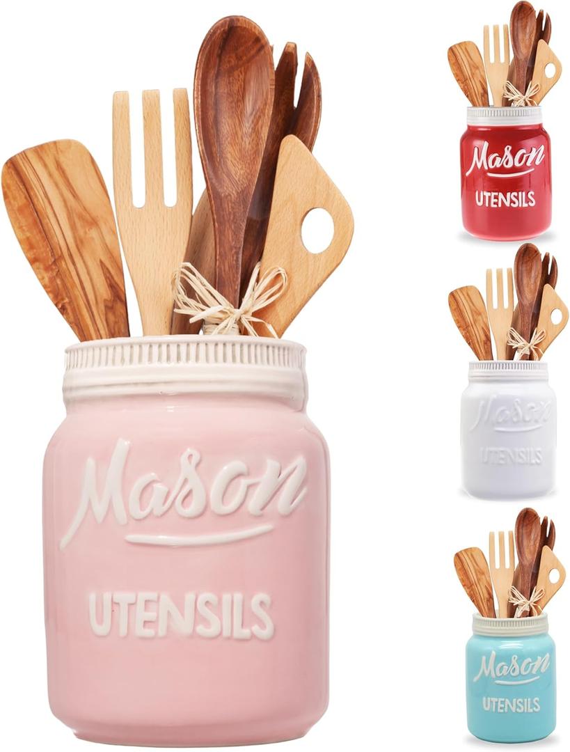 Pink Mason Jar Kitchen Utensil Holder for Kitchen Counter - Rustic Ceramic Utensil Crock for Spoons, Spatulas & Cooking Tools - Farmhouse Decor for Countertop - Unique Vintage Container and Organizer 