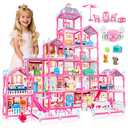 Rongmeiz 6-Story Doll House Large DIY Playhouse for Girls, Little Girl Dream House with Furniture, Little Dog Toy, 2 Princess Figures and Slide, Creative Construction Toy for Birthdays & Christmas
