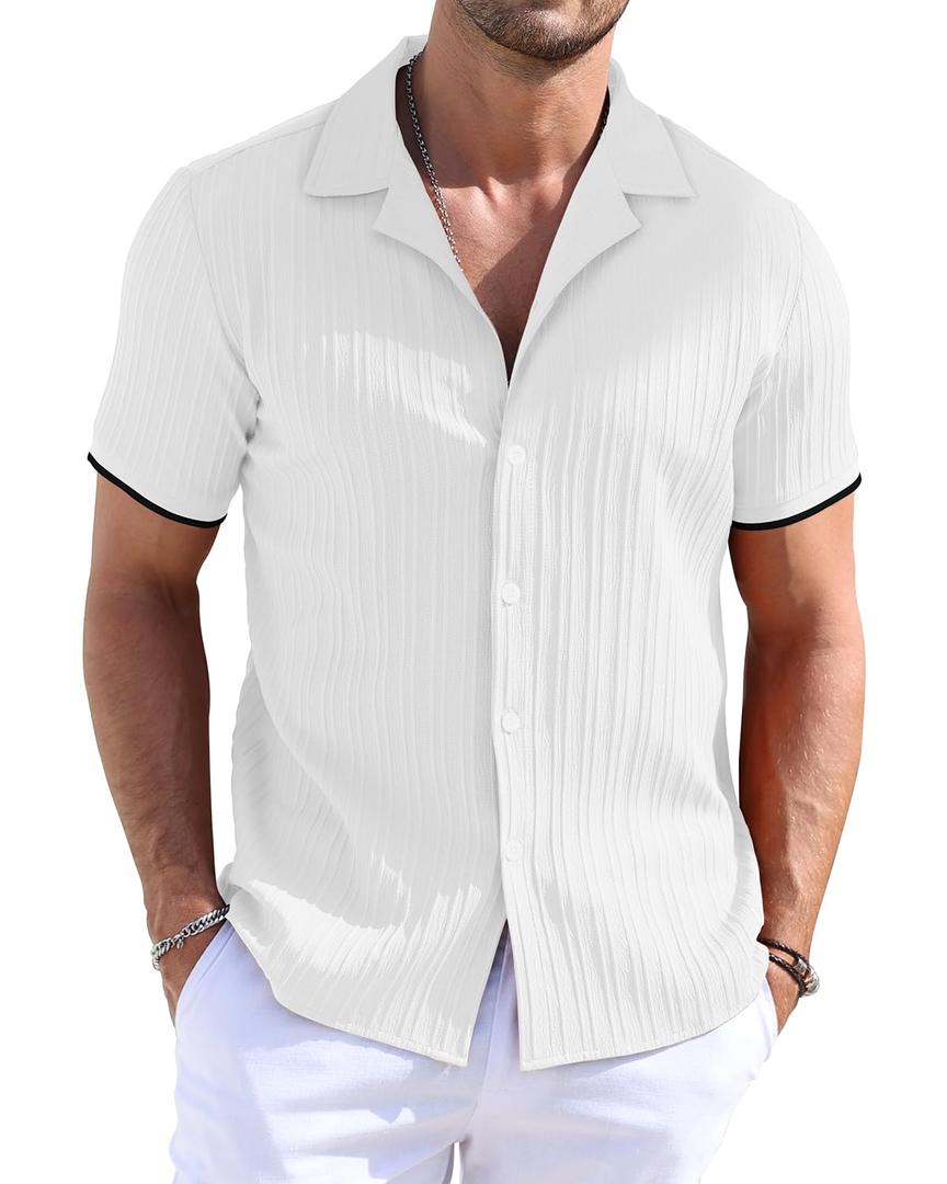 TUREFACE Men's Button Down Shirts Short Sleeve White Striped Textured Summer Shirts Fashion Casual Beach Vacation Shirts ,3XL