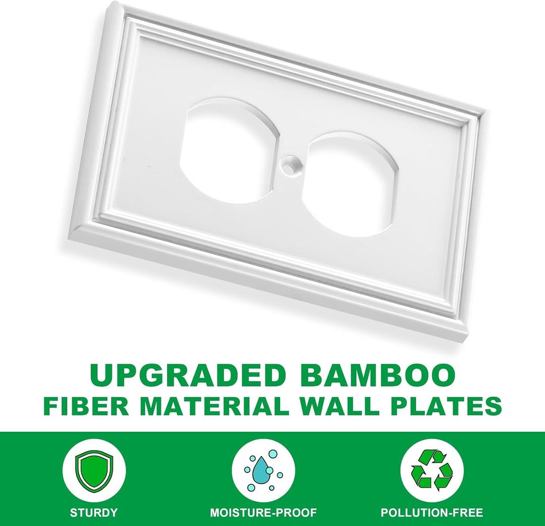 White Outlet Covers Wall Plate Modern Decorative Light Switch Cover Switch Plates Outlet Cover Bamboo Fiber Material Wall Plates for Kitchen Bathroom (1 Gang Duplex Outlet-2 Pack)