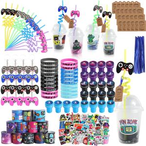 LiYiQ 292 Pcs Video Game Party Favors With Reusable Drinking Straws Cups Slap Bracelets Keychains Gift Tags Stamps Stickers and Twist Ties for Gamer Birthday Party Supplies (Blue and Black Game)