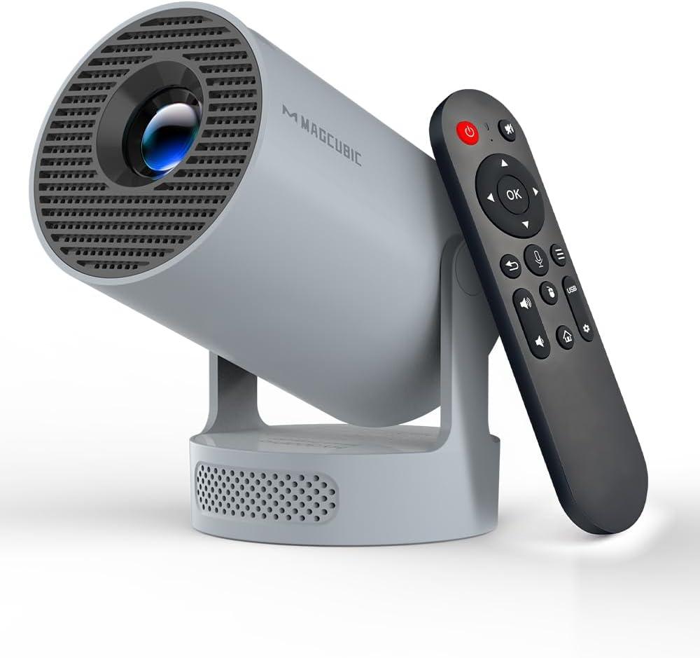 Mini Projector with WiFi 6 and Bluetooth 5.4, Portable Projector 4K support, 5w Soundbase Speaker, Auto Vertical Keystone 180Rotatable Smart Proyector for Movie Home Outdoor HY300Pro+ (Grey)