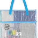 Cosblank 16.1x16.1inches Sew Project Bag Jumbo Sew Quilting Bag for Quilters and Crafter Portable and Organized Storage Mesh Vinyl Zipper Storage Pouch for Art and Wearable Craft(Blue)