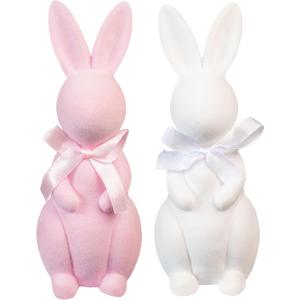 Easter Bunny Decorations, Flocked Bunnies Figurine with Soft Velvet Texture, 5.5" Resin Rabbit Ornaments, Spring Decor for Home Office Table Centerpiece Gift (Pink&White)