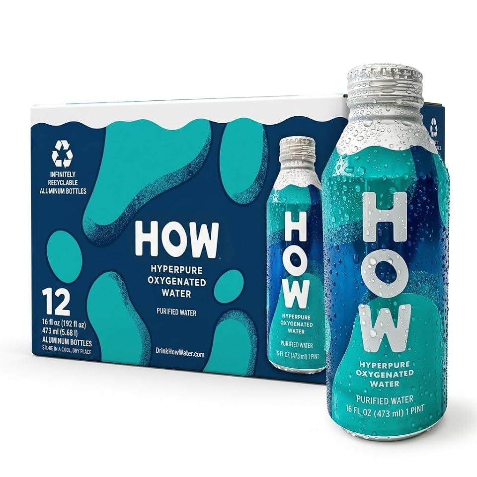 HOW Hyperpure Oxygenated Water | 12-Pack 16oz Aluminum Bottles | Zero Microplastics | Oxygen Enriched | Alkaline pH 8.0+ | Premium Still Water