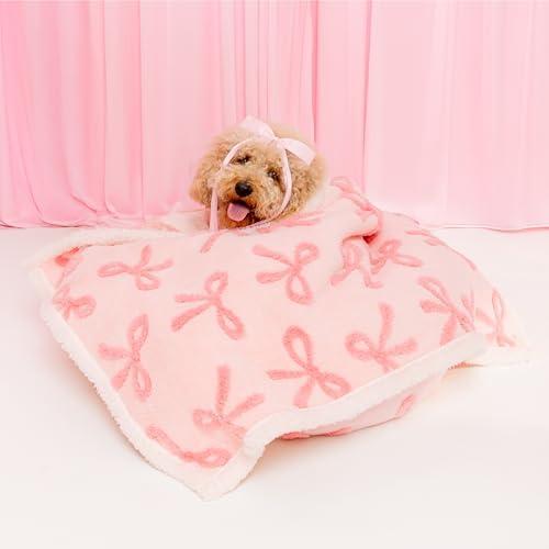 Lesure Waterproof Puppy Blanket for Small Dogs - Washable Double Sided Dog Blankets with Warm Jacquard Shag and Soft Sherpa Fleece, Pet Cat Blanket for Couch Protection, Bow Design, Pink Taffy