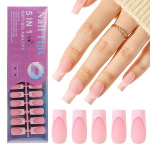 Jellyqueen French Gel Press on Fake Nail Tips, 150Pcs Medium Square Nail Tips, Multicolor Pink Soft Gel Tips Press on Nails Fake Nails for Nail Art DIY 15 Sizes (A18-02-07)