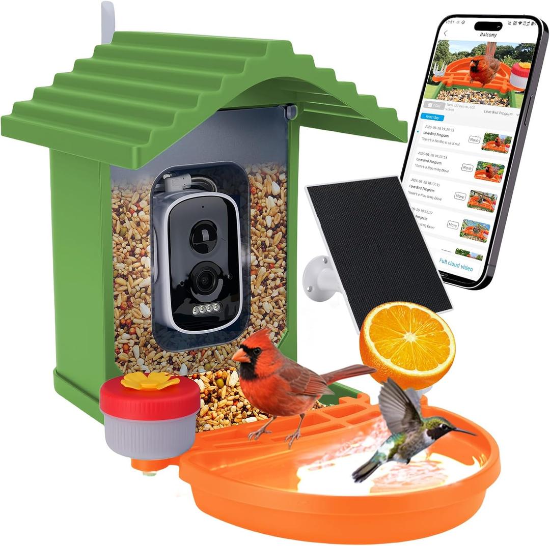 Smart AI Bird Feeder with Camera,2.5K HD Live View,Solar Powered,Instant Birds Species Recognition,Real Time Alerts,Wireless Birdhouse with Night Vision,Ideal Gift,Green