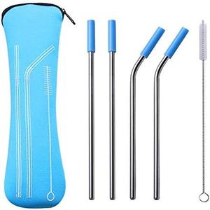 Reusable Metal Drinking Straws, 304 Stainless Steel Straws with Cleaning Brush, Bent and Straight Drinking Straw Set, Eco-Friendly Reusable Straws for Smoothies & Drinks (Blue)