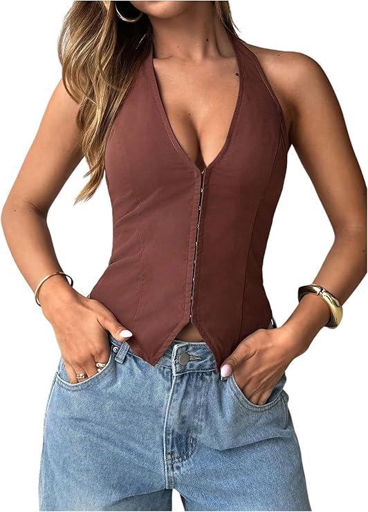Women's Halter Top V Neck Sleeveless Backless Going Out Summer Tank Tops Solid Brown S