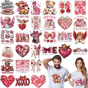 30 Pcs Valentine Iron on Transfers Patches Love Heart Dtf Western Ready to Press Heat Transfers Highland Cow Vinyl Stickers Appliques for T-Shirt Clothes Backpack Bag Pillow Cover(Christian)
