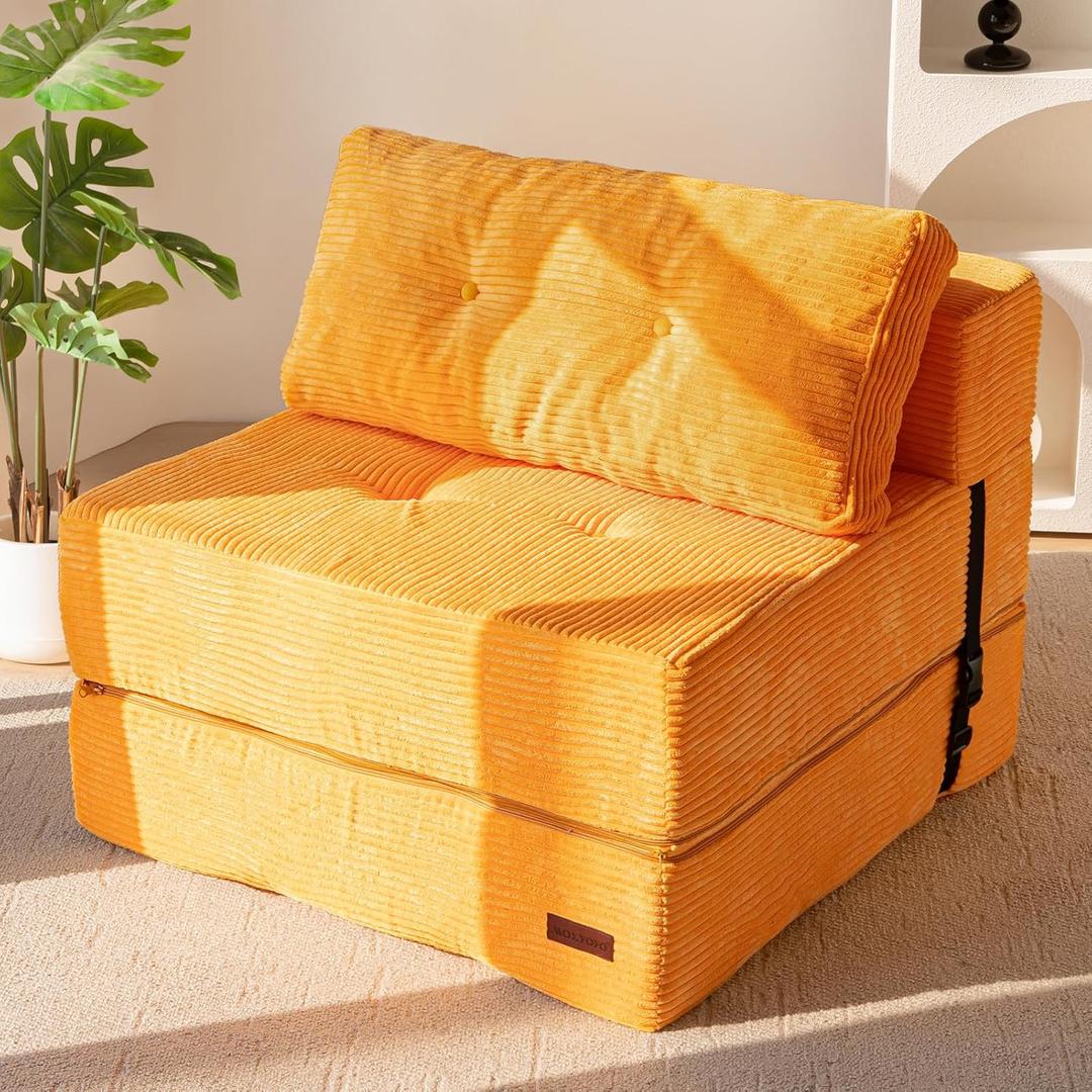 MAXYOYO Folding Sofa Bed, Convertible Sofa Bed with High-Density Support Foam, Portable 4 in 1 Fold Out Chair to Floor Lounger, Versatile Floor Couch for Living Room Bedroom, Orange (Large)