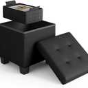 Storage Ottoman Cube with Small Bin, 15-in Square Ottoman with Storage for Living Room and Bedroom, Small Ottomans Foot Rest, Faux Leather Foot Stools Ottomans Max 330lbs, Black