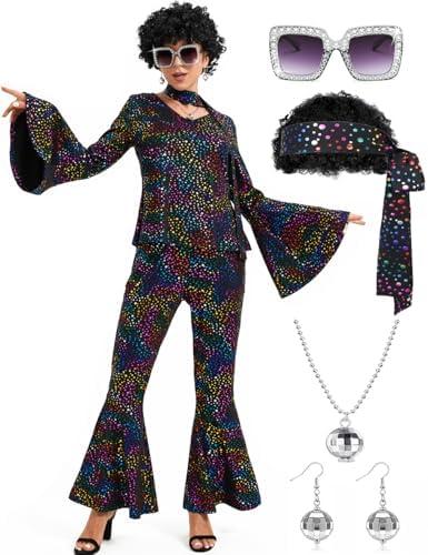 Lydoesy Women 70s Disco Costume 8 PCS Disco Outfit for Halloween Cosplay Party Size XXL