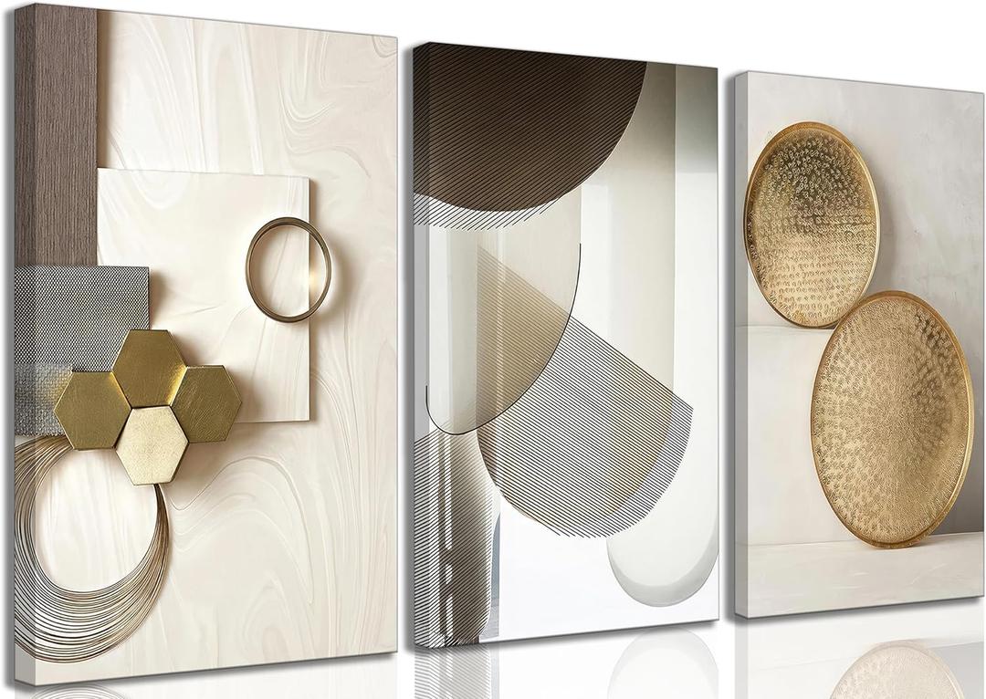 3 Pcs Abstract Gold Geometric Boho Canvas Wall Art Mid Century Modern Minimalist Aesthetic Luxury Metal Artwork Pictures Wall Decor Posters Prints for Living room Bedroom Office Home Decoration