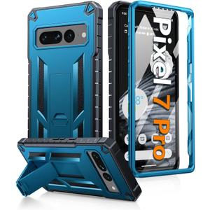 FNTCASE for Google Pixel 7-Pro Phone Case: Shockproof Protective with Built-in Screen Protector & Kickstand - Heavy Duty Dual Layer Rugged Military Grade Drop Proof Cell Phone Cover (Blue Black)