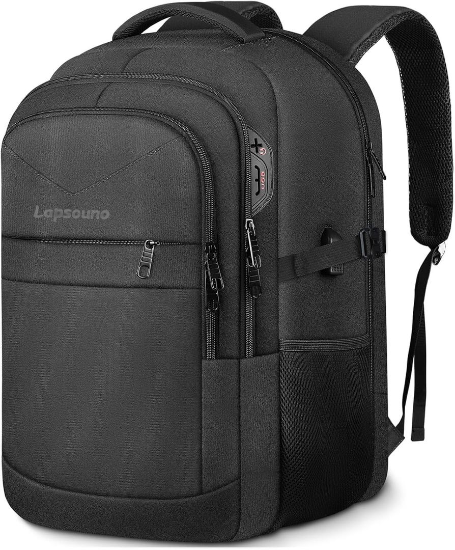 Lapsouno Travel Laptop Backpack, Business Laptop Backpack, Anti Theft Slim Sturdy 15.6 Inch TSA Friendly with USB Port, Water Resistant College School Computer Bag Gifts for Men Women, Black