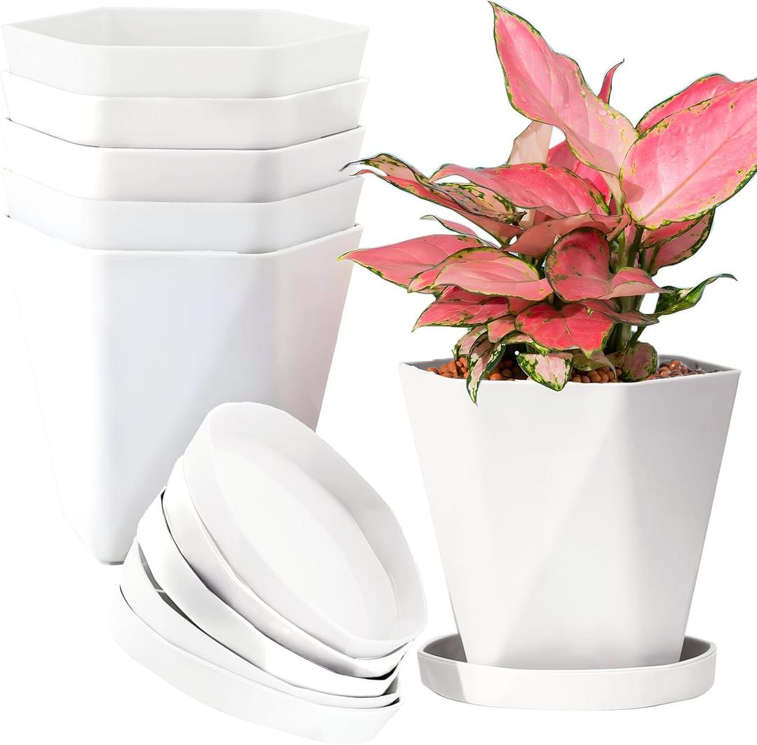 InmeRun Plant Pots Indoor Plastic Flower Pots Outdoor 5 inch Set of 6 Pack with Drainage Holes and Saucers for Garden Pots (5inch-6white)