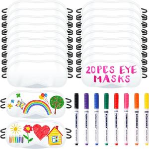 20 PCS Eye Mask Sleepover Party Supplies, Slumber Party Favors Pajama Party Decorations Sleep White Soft Shade Blindfold Eye Covering, Color the Bulk Game Stuff with 8 PCS Fabric Marker Pens