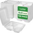 Lucklot 100 Pack Togo 8×9 Inch Disposable 3 Compartment White Clamshell Take Out Containers with Lids, To Go Takeout Lunch Boxes Compostable and Eco-Friendly Biodegradable Bagasse PFAS-Free for Food