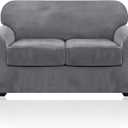PrimeBeau Velvet 3 Piece Loveseat Slipcover for 2 Cushion Couch High Stretch Sofa Covers with Individual Cushion Covers Elastic Bottom Strap Sofa Protector Form Fit, Machine Washable(Loveseat, Grey)