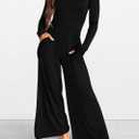 KIRUNDO Long Sleeve Jumpsuit for Women 2026 Spring Outfits Summer One Piece Square Neck Wide Leg Pants Romper With Pockets (Black)