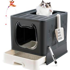 Gefryco Cat Litter Box with Lid, Top Entry Kitten Litter Box with Controlled Access, Covered Enclosed Cat Potty Odor Control for Small to Medium Cats, Scoop and Clean Brush Included (Black)